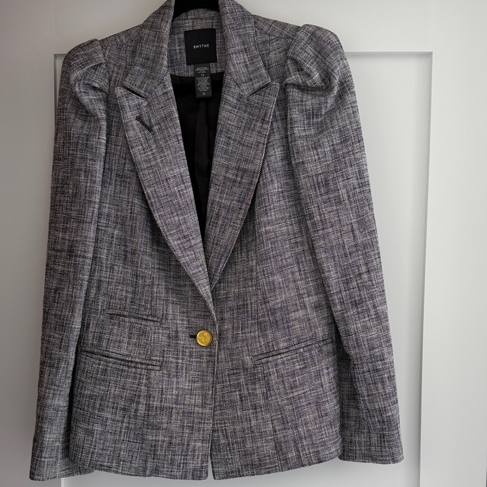 Smythe Gray Tweed Puff-Shoulder Blazer with Gold Button